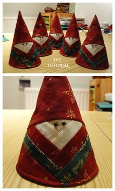 Fabric Santa Ornaments, Christmas Fabric Gifts To Make, Homemade Christmas Ornaments Diy Easy, Santa Ornaments Diy, Patchwork Log Cabin, Fabric Christmas Decorations, Fabric Art Diy, Christmas Decorations Sewing, Christmas Quilting Projects