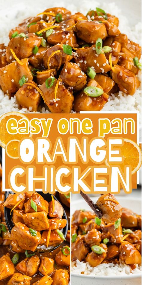 This recipe for Easy Orange Chicken cooks in one skillet pan on the stove top! A 30 minute quick dinner idea with tender chunks of chicken that simmer in an easy homemade tangy orange sauce. Serve over rice for a family favorite dinner. Orange Chicken One Pan Meal, Easy Orange Chicken Recipe Simple, Yum Yum Sauce Chicken Recipes, Orange Chicken Lo Mein, Orange Chicken Recipe With Orange Juice, Stove Top Chicken Bites, What To Make With Mandarin Oranges, Easy Stovetop Chicken Recipes, Stove Top Dinners Easy