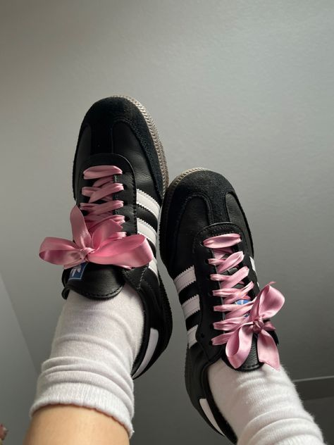 Black Adidas Samba Ribbon, Pink Bow Accessories, Black Sambas Ribbon Laces, Black Sambas With Ribbon, Sambas Laced With Ribbon, Adidas Sambas With Ribbon, Sambas With Pink Laces, Ribbons On Shoes, Bows On Shoes