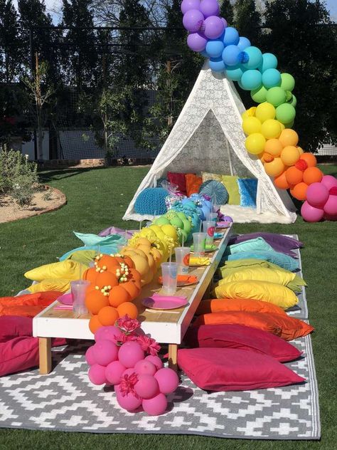 Rainbow Picnic | CatchMyParty.com Rainbow Picnic Food Ideas, Backyard Rainbow Birthday Party, Rainbow Picnic Ideas, Rainbow Picnic Party, Pride Picnic, Birthday Picnic Party, Rainbow Picnic, Bday Picnic, Picnic Table Decor