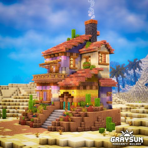 A colorfull Minecraft desert house design! Support my work on patreon and request monthly builds as a benefit. Terrocata House Minecraft, Spanish Style House Minecraft, Minecraft Acacia Biome House Ideas, Spanish Minecraft Builds, Italian Architecture Minecraft, Minecraft House Terracotta, Minecraft Terakota House, Minecraft Spanish Build, Minecraft Sandstone Wall