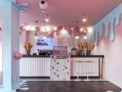 Pink color ice cream store most popular lovely gelato shop design Bakery And Ice Cream Shop Design, Colorful Shop Design, Ice Cream Interior Design Shops, Ice Cream Shop Furniture, Cool Ice Cream Shops, Ice Cream Shop Decor Ideas, Ice Cream Parlor Interior Design, I’ve Cream Shop, Ice Cream Shop Background