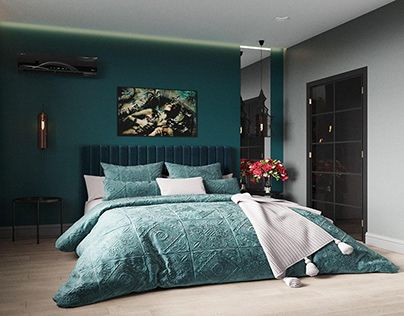 Emerald Green Headboard Bedroom Ideas, Peacock Blue Bedroom Ideas, Dark Teal Bedroom Colour Schemes, Teal Headboard Bedroom, Gold And Teal Bedroom, Teal Bedroom Color Schemes, Teal And Navy Bedroom, Blue And Green Bedroom, Teal Bedroom Designs