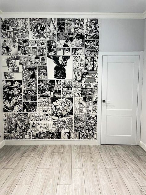 Manga Wall Art Bedroom, Room Ideas Anime Wall Art, Bedroom Posters Wall Ideas Aesthetic, Wall Sketch Ideas, Manga Wall Room, Anime Posters Room Decor, Wallpaper For Walls Interiors, Anime Bedroom Ideas, Chinese Wallpaper