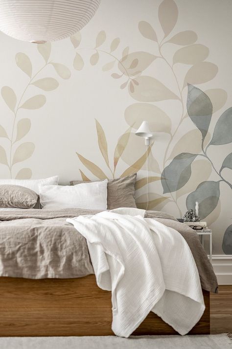 Modern Wallpaper Bedroom, Bedroom Wallpaper Accent Wall, Simple Bed Designs, Paradise Wallpaper, Feature Wall Bedroom, Sage Green Wallpaper, Feature Wallpaper, Custom Wall Murals, Bed Design Modern