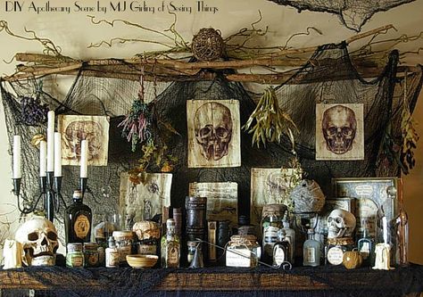 diy witch hut haunt props | Venom and Vice and Not a Single Thing Nice: DIY Apothecary Table Halloween Decor Storage Ideas, Victorian Apothecary Decor, Witch Apothecary Halloween Decor, Indoor Halloween Party Decorations, Victorian Halloween Aesthetic, Spooky Kitchen Decor, Halloween Displays Retail, Witches Lair Halloween Decor, Spooky Apothecary