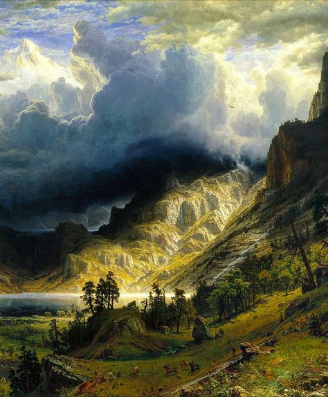 Art History Gallery on Instagram: “Albert Bierstadt (1830-1902): A Storm in the Rocky Mountains, Mt. Rosalie (detail), 1866, Oil on canvas, 98 5/8 x 158 1/8 (250.5 x 401.6…” Traditional Landscape, Albert Bierstadt Paintings, Albert Bierstadt, Hudson River School, Romantic Era, Painter Painting, Monet Paintings, The Rocky Mountains, Plant Painting