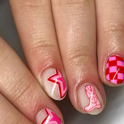 PAISLEY | Nail Artist on Instagram: "Are we kiddinggg the cowboy boot and the cherry with the bow🥹 #naturalnails #gelnails #naildesign #boycottboringnails #nailsofidahofalls #utahnails #nails #nailsofinstagram #utahnails #nailtech #nailtipsandtricks #nailaddict #nailworld #nailinspo #nailartswatches #nailartist #gelnailart #nailsdesign #utahnails #nailaddict #springnails #springnailinspo" Vacation Nails Nashville, Cowboy Boots Nail Art, Cowboy Print Nails, Country Theme Nail Designs, Hen Nails Art, Cowboy Nail Ideas, Stampede Inspired Nails, Nails With Cowboy Hat, Calgary Stampede Nails