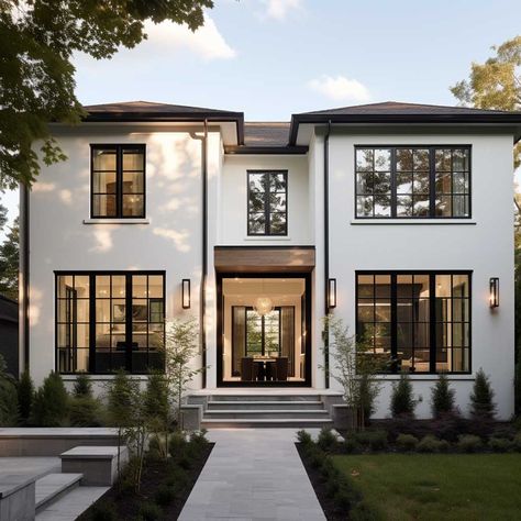 Large Black Windows Exterior, Dream House White Modern, Off White House With Black Windows, Black White And Wood House Exterior Modern, Black Modern Windows Exterior, Large Window House Exterior, Homes With Big Windows Exterior, Timeless House Design Exterior, Exterior House Window Ideas