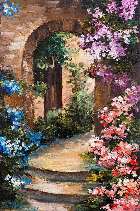 Villa oil painting Oil Painting For Beginners, Creation Art, Blooming Garden, Cat Air, Landscape Art Painting, Cute Paintings, Lukisan Cat Air, Arte Inspo, Creative Painting