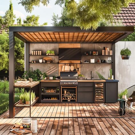 backyard_kitchen 12 Backyard Kitchen Small Space, Backyard Kitchen With Pergola, Bbq Decking Area, Outdoor Kitchen And Sitting Area, Diy Patio Kitchen Ideas, Grill Outdoor Ideas Backyards, 10x10 Patio Ideas Outdoor, Outside Patio Decorating Ideas, Outdoor Kitchen And Dining Area