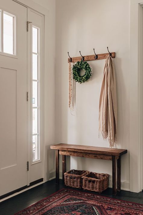 Entryway Coat Hooks And Bench, Entryway Decor Coat Rack, Coat Rack Small Space Entryway, Coat Rack Front Door, Coats Hanging Ideas, Coat Rack Bench Entrance, Hanging Coat Rack Entryway, Small Entryway Bench And Coat Rack, Living Room Coat Rack Ideas