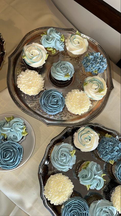 Assorted cupcakes 
Blue floral Bridal Shower Balloon Arch Dusty Blue, Dusty Blue Shower Decorations, Something Blue Bridal Shower Dessert Table, Navy Blue And White Bridal Shower Ideas, Bridal Shower Cakes Blue, Dusty Blue And Sage Green Wedding Cupcakes, Something Blue Shower Favor, Something Blue Bridal Shower Cupcakes, Blue Themed Tea Party