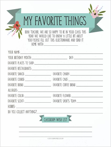 Learn what the teacher's favorite things are with this free printable teacher questionnaire! Teachers Favorites List, Favorite Things Teacher Printable, Favorite Things Questionnaire, Teacher Survey For Gifts Favorite Things, Staff Favorite Things List, Teacher Likes Survey Free Printable, Teacher Favorite Things Printable, These Are A Few Of My Favorite Things, Teacher Favorite Things Questionaire