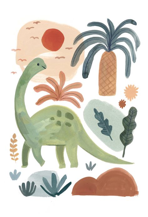 KASS REICH illustration Brontosaurus Art, Wall Painting Ideas For Kids, Kids Room Wall Design, Footprint Printable, Dino Art, Dinosaur Nursery Decor, Nursery Illustration, Dinosaur Footprint, Dinosaur Illustration