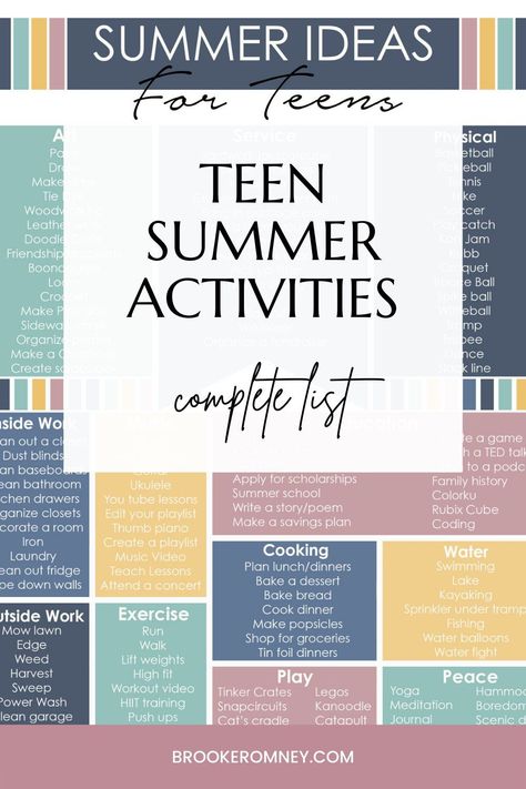 Fight summer boredom for teens with these activity ideas. This is a complete list of summer activities to keep teens busy all summer. See brookeromney.com Summer Activity List For Kids, Summer Fun With Teens, 1000 Hours Outside Schedule, Summer With Teens Ideas, Keeping Teens Busy During Summer, Summer Routine For Preteens, Pre Teen Summer Activities, Summer Schedule For Older Kids, Summer Binder For Kids