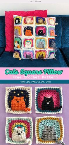 Kitty Pillow, Kat Haken, Chat Crochet, Granny Square Haken, Crochet Mignon, Confection Au Crochet, Crochet Pattern Free, Crochet Easter, Crochet Cushion Cover