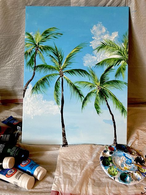 Hawaii Painting Acrylic, Acrylic Painting Palm Trees, Things To Paint Beachy, Painting Ideas Hawaii, Beach Vibe Painting, Summer Painting Acrylic, Aesthetic Summer Paintings, Cute Beach Paintings, Florida Painting Ideas