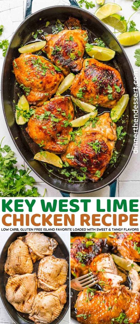 Key West Lime Chicken is a juicy chicken recipe full of tropical flavor! Baked chicken thighs in a key lime juice, honey and garlic marinade. Lime Chicken Thigh Recipes, Recipes With Key Lime Juice, Key West Chicken Marinade, Tropical Chicken Recipes, Key Lime Chicken, Lime Chicken Thighs, Lime Juice Recipes, Chicken Quarter Recipes, Chicken Thighs In Oven