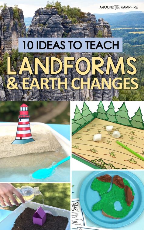 Hands-on ideas and 10 different activitiesffor teaching 2nd grade Earth changes & landforms activities, projects, experiments. Teaching Continents 2nd Grade, Landforms 2nd Grade, Science Lessons For 2nd Grade, State Research Project 2nd Grade, Second Grade Science Projects, Science For Second Grade, Earth Systems Project, Physical Features Geography Activities, Earth Science Experiments For Kids