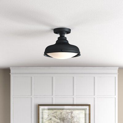 Turn on the charm in your living room, bedroom, or home office with this vintage-inspired semi-flush mount light. It’s made of steel in an oil-rubbed bronze finish, and features a round base plate, a curved shade with turned detailing, and a glossy white shade, offering a look inspired by barn lights. This light requires hardwire installation. It completes the look of any industrial, farmhouse, or cottage setting. | Three Posts™ Darell 1 - Light 12.25" Simple Dome Semi Flush Mount Glass, Steel i Mudroom Lights Fixture Farmhouse, Flush Mount Schoolhouse Light, Small Bathroom Flush Mount Lighting, Entryway Light Fixture Low Ceiling Black, Hallway Lighting Farmhouse, Lighting For Laundry Room, Mud Room Lighting, Farmhouse Laundry Room Lighting, Modern Farmhouse Flush Mount Lighting