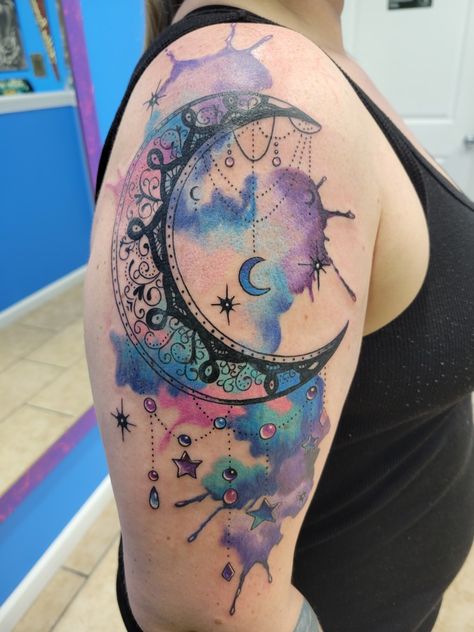 #galaxy #tattoo #watercolor #watercolors #moon #blue #pink #purple #lace #stars Back Tattoo Women Watercolor, Sun Moon And Stars Tattoo Watercolor, Dream Catcher Watercolor Tattoo, Purple Blue Tattoo, Galaxy Moon Tattoo, Celestial Ear Tattoo, Purple And Blue Tattoo, Simple Galaxy Tattoo, Moon Watercolor Tattoo