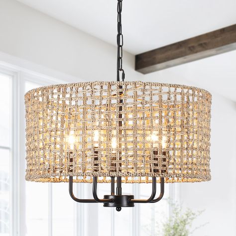 Bay Isle Home Ekkehard 5 - Light Dimmable Drum Chandelier & Reviews | Wayfair Organic Chandelier, Farmhouse Chandelier Dining Rooms, Chandelier Natural, Family Room Lighting, Rattan Light Fixture, Rattan Chandelier, Rattan Shades, Rustic Light Fixtures, Rattan Lamp