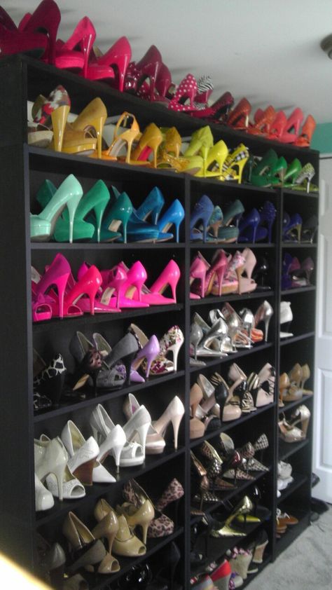 All my shoes on one wall by color for easy completion of wardrobe. Created with a Wal-Mart shelf and cut addition shelves from good ol' fashion Home Depot. Luv it. Ol Fashion, Small Shoes Rack, Diy Shoe Racks, Shoes Rack Ideas, Shoes Rack Design, Aesthetic Shoe, Shoe Aesthetic, Shoes Rack, Diy Shoe Rack