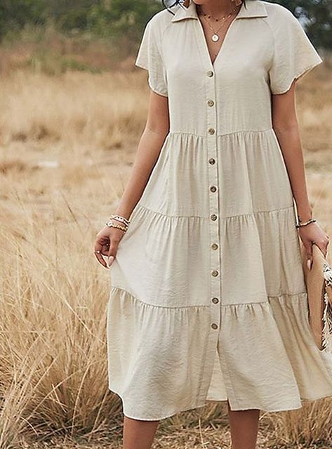 Posh Dresses, Women Dresses Casual Summer, Collar Fashion, Midi Dress Blue, Casual Chique, Dress Linen, Shirt Dress Casual, Dress Shirts For Women, Spring Shirts