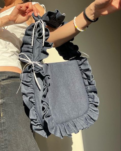 Coquette denim fashion handmade small business london baggy London Ruffle bag blokette cottagecore ribbon balletcore anglaise bride tie eyelet ruffle ruched bag Bag Handmade Ideas, Handmade Bag Ideas, Ruffle Bag Pattern, Bag Ideas Aesthetic, Bag Style Ideas, Handmade Sewing Ideas, Bag Ideas Design, Handmade Clothes Diy, Sewing A Purse