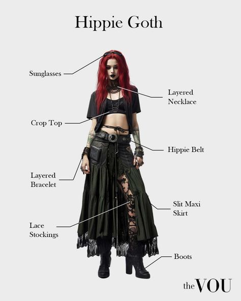 piece. Pagan Goth Aesthetic, Goth Style Women, Mystic Outfits Boho Style, Modern Victorian Fashion Women, Goth Metal Outfit, Black Metal Clothes, Goth Hippy Outfits, Bohemian Goth Outfits, Goth Outfits Skirts