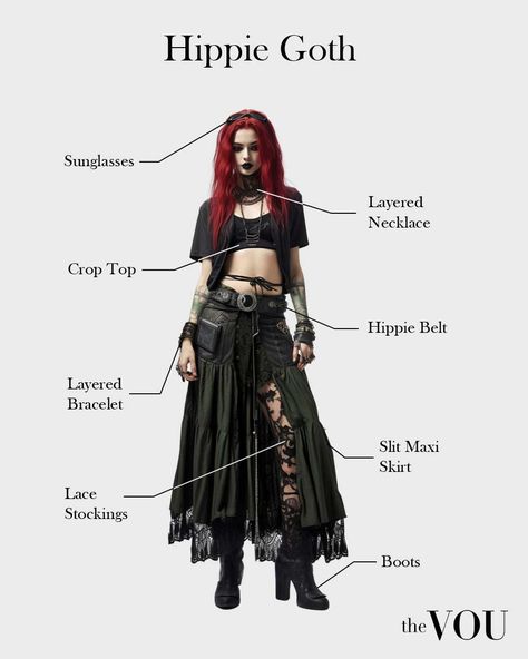 piece. Pagan Goth Aesthetic, Goth Style Women, Gothic Bohemian Aesthetic, How To Color Black Skin, Mystic Outfits Boho Style, Goth Hippy Outfits, Goth Metal Outfit, Black Metal Clothes, Bohemian Goth Outfits