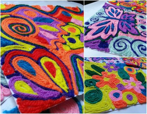 Yarn Art For Kids, Mexican Yarn Art, Yarn Painting Art, Yarn Art Projects, Fun Yarn, Diy String Art, Halloween Apparel, String Art Tutorials, High School Art Projects