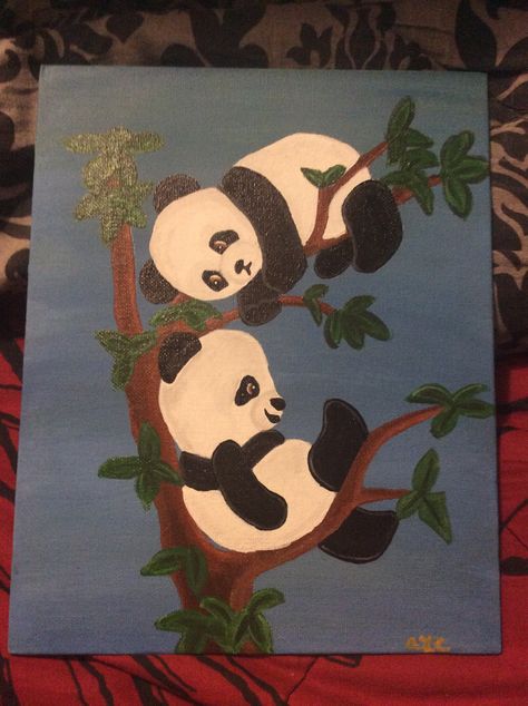 Acrylic on canvas panel- Pandas in the tree. Painting Ideas On Canvas Panda, Panda Painting Easy Canvas, Panda Painting Ideas, Acrylic Painting Animals Easy, Panda Painting Easy, Basic Canvas Painting Ideas, Easy Panda Painting, Panda Painting Acrylic, Panda Acrylic Painting