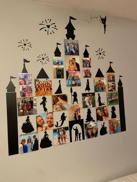 Disney Bubble Wand Display, Disney Picture Wall Ideas, Disney Castle Photo Wall, Disney Day Decorations, Disney 50th Birthday Party Ideas, Disney Theme Backdrop, Disney Themed Dorm Room, Disney Party Ideas Decorations Diy, Disney Themed Bedrooms For Adults