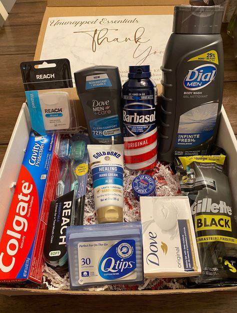 Toothpaste Gold bond lotion Dental floss Soap Deodorant Q Tip Shaving cream Men Body wash Lip Medex Hygiene Gift Basket Ideas For Men, Hygiene Basket For Men, Hygiene Products Men, Men Baskets Gift Ideas, Men Essentials Man Stuff, Men Hygiene Products, Mens Body Care, Boys Gift Basket, Glow Up Men