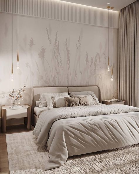 Modern Parent Bedroom Design, Design 2024 Interior, Wallpaper Bedroom Feature Wall Modern, Bedroom With Feature Wall, Modern Luxe Bedroom, Bedroom With Sofa, Grey Luxury Bedroom, Modern Bedroom Design Luxury, Wallpaper Bedroom Ideas