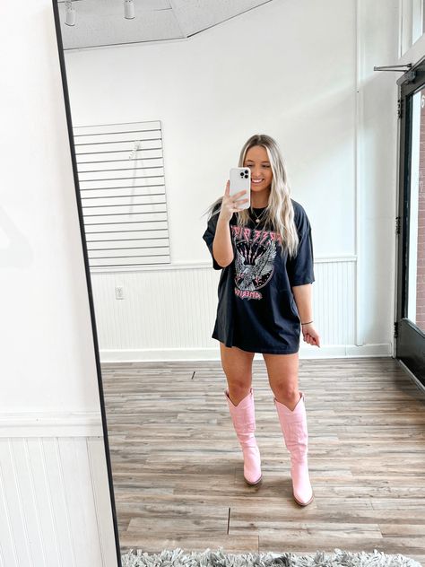 Oversized Graphic Tee & Pink Cowgirl Boots 💖 Oversized Shirt With Cowboy Boots, Oversized Tshirt Cowboy Boot Outfit, Light Pink Cowboy Boots Outfit, Tshirt Dress Cowboy Boots Outfit, Festival Cowboy Boots, Pink Western Boots Outfit, Tshirt Dress With Boots, Pink Cowgirl Boots Outfit, Pink Cowboy Boots Outfit