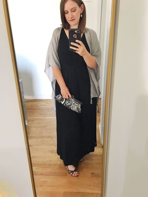 How to Style a Black Maxi Dress in 10 Different Ways - jk Style Maxi Dress With Layered Top, Dressing Up A Black Maxi Dress, Maxi Dress Cardigan Outfit, How To Dress Up A Maxi Dress, Long Black Maxi Dress Outfit, Maxi Black Dress Outfit, Styling A Maxi Dress, Black Maxi Dress Outfit Ideas, Maxi Dress With Kimono