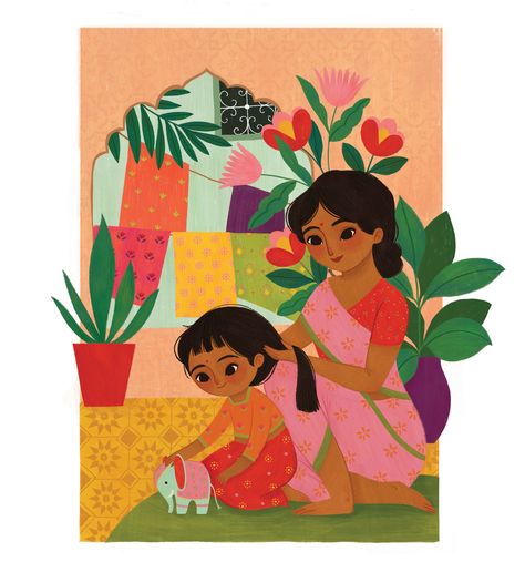 Mother & Daughter on Behance Patchwork, Mother And Daughter Drawing, Mothers Day Drawings, Mother Daughter Art, Mother Painting, Indian Illustration, Mother Art, Indian Folk Art, Madhubani Painting