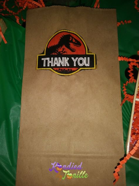 Jurassic Park Thank you Bags Jurassic Park Candy Bags, Thank You Bags, Baby Boy Birthday, 3rd Birthday Parties, Candy Bags, Candy Apples, Jurassic World, Jurassic Park, Goodie Bags