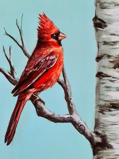 "Cardinal Birch was created by Amy Marie Kulseth  in 2018 using acrylic paint on canvas. This listing is for a canvas print of the original. The canvas prints are all locally produced with the highest quality printers and the canvas is then stretched over a solid wood 1.5\" frame. The canvas will be delivered ready to hang." Bird In Tree Painting, How To Paint Cardinals, Acrylic Painting Cardinal, Easy Cardinal Painting, Cardinal Painting Easy, Cardinal Painting Acrylic, Birch Tree Tattoo, Draw A Cardinal, Red Cardinal Painting