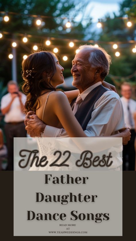 A father and daughter share a joyful, tender dance at an outdoor wedding, surrounded by fairy lights and smiling guests, capturing their special bond. Father Daughter Songs For Wedding, Father And Daughter Songs, Best Father Daughter Dance Songs, Songs About Daughters, Father Daughter Dance Songs Wedding, James Taylor Lyrics, Stevie Wonder Lyrics, Johnny Cash Lyrics, Songs About Dads