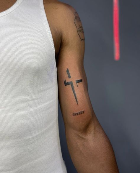 Cross On Elbow Tattoo, Small Mens Chest Tattoos, Cross In Middle Of Chest Tattoo, Cross And Scripture Tattoo, Cross On Shoulder Tattoo, Shoulder Tattoo Men Cross, Shoulder Cross Tattoo Men, Cross Shoulder Tattoo Men, Christian Chest Tattoo Men