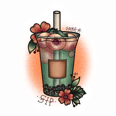 Boba Tea Tattoo, Bubble Tea Tattoo, Boba Tattoo, Lychee Bubble Tea, Tea Tattoo, Traditional Tattoo Style, H Tattoo, K Tattoo, Traditional Sleeve