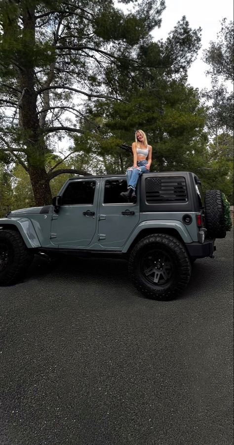 jeep jeep wrangler custom jeep jeep accessories  trees custom car blue jeep anvil grey grey jeep Cars For Girls Dream, Trucks For Women, Pretty Cars For Women, Inside Of Jeep, Jeep Car Aesthetic, Sage Green Jeep, Pretty Jeeps, Jeep Girl Aesthetic, Teenage Cars