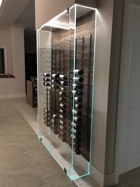 under stairs frameless glass win e enclosure vintage view racking Wine Wall Refrigerator, Residential Wine Wall, Wine Wall Ideas Small Spaces, Wine Room With Bar, Wine Case Wall, Indoor Wine Cellar, Vintage View Wine Rack, Diy Wine Cellar Ideas, Bar Ideas In Kitchen