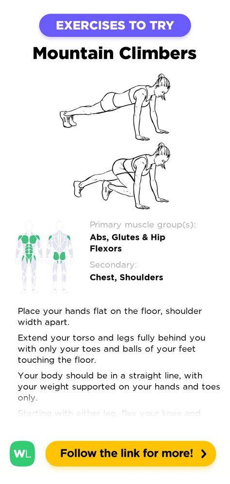 Mountain Climbers is a at-home work out exercise that targets abs and glutes & hip flexors and also involves chest and shoulders. Follow the Pin link for full instructions for how to perform this exercise correctly and visit WorkoutLabs.com for more exercises, workouts, training plans and more simple fitness resources! ©WorkoutLabs Mountain Climber Exercise, Hip Flexors, Mountain Climbers, Hip Flexor, Effective Workouts, Workout Machines, Training Plan, Workout Guide, Muscle Groups