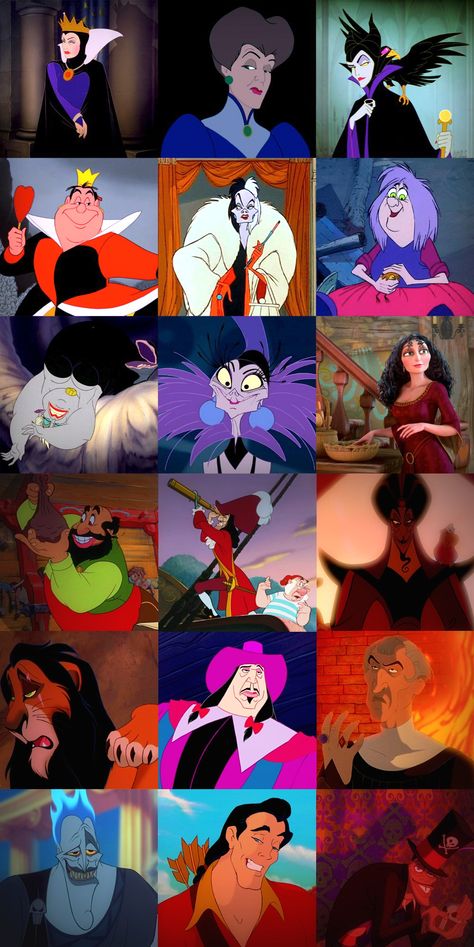 Disney Villains!  SOURCES: http://yeah-disneygeek.tumblr.com/post/9044391771/3-lady-villains & http://yeah-disneygeek.tumblr.com/post/9080255395/gentlemen-villains-3 Tumblr, Old Disney, Pixar Villains, All Disney Villains, Disney Villain Costumes, Dr Facilier, Male Cartoon Characters, Disney Villain, Disney Princess Frozen