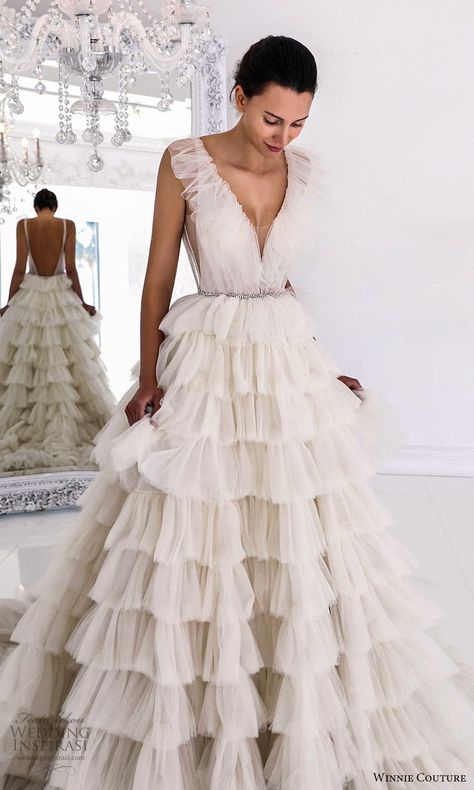 winnie couture 2022 bridal sleeveless flutter sleeve v neckline tiered ruffle skirt a line ball gown wedding dress chapel train (5) mv -- Winnie Couture Wedding Dresses | Wedding Inspirasi #wedding #weddings #bridal #weddingdress #weddingdresses #bride #fashion #collection:20thAnniversaryCollection #label:WinnieCouture #week:342022 #year:2022 ~ Couture, Tiered Ruffle Wedding Dress, Tulle Ruffle Wedding Dress, Wedding Dress Ruffled Skirt, Ruffle Skirt Wedding Dress, Tiered Tulle Wedding Dress, Layered Tulle Wedding Dress, Layer Wedding Dress, Wedding Dress Ruffle